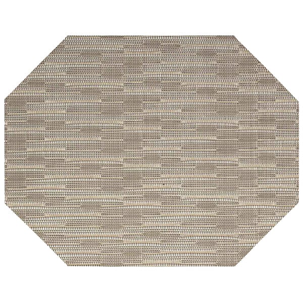 A close-up of a tan rectangular woven vinyl placemat with a pattern.