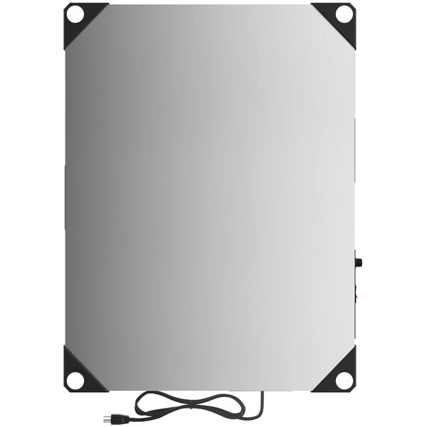 A white rectangular stainless steel Metro countertop shelf warmer with black corners.