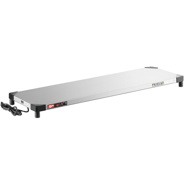 A stainless steel rectangular Metro countertop shelf warmer.