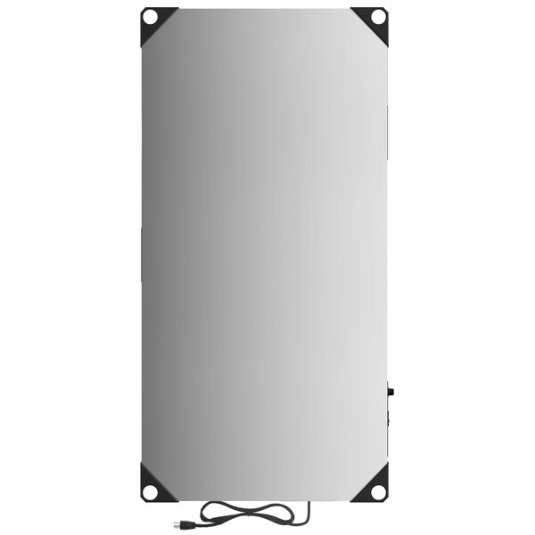 A stainless steel rectangular Metro countertop shelf warmer with a black cord.