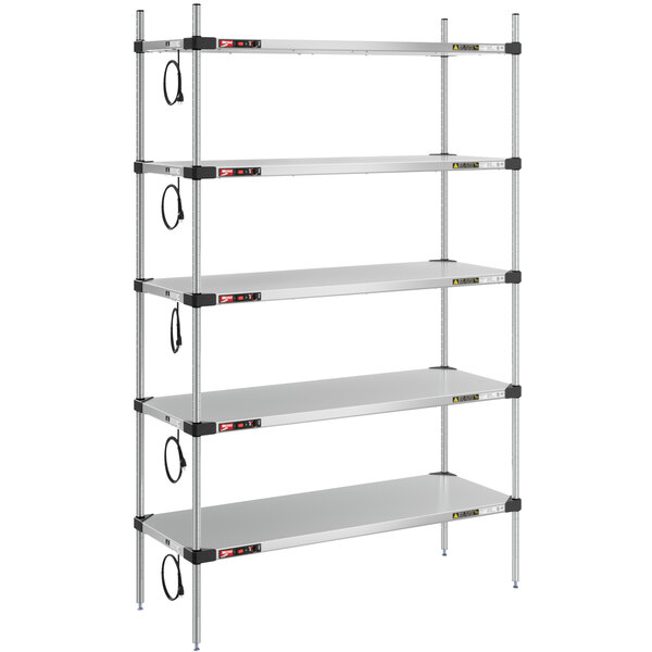 A Metro Super Erecta heated stainless steel takeout station with metal shelves and chrome posts.
