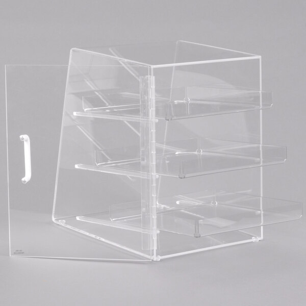 A clear acrylic Cal-Mil display case with three shelves.