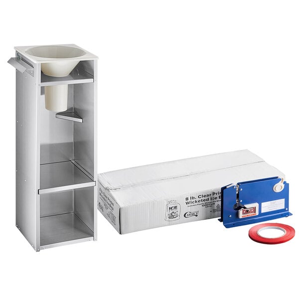 A Choice ice bagger kit in a white box on a white shelf.