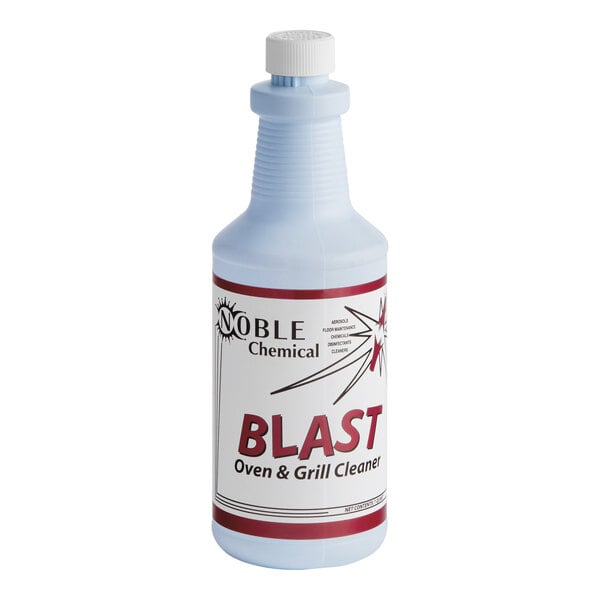 A plastic bottle labeled 'Noble Chemical BLAST Oven & Grill Cleaner' with a white and red design.