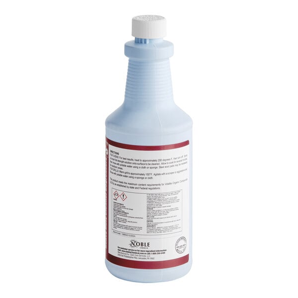 A light blue plastic bottle with a white cap and a label containing instructions and safety information.