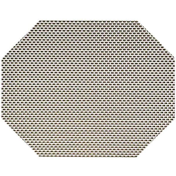A sage woven vinyl octagon placemat with a basketweave pattern.