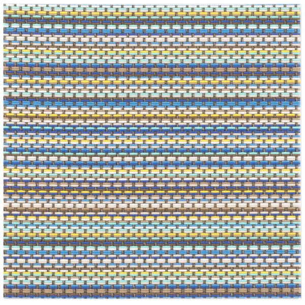 A white woven vinyl coaster with a blue, green, and yellow striped woven design.