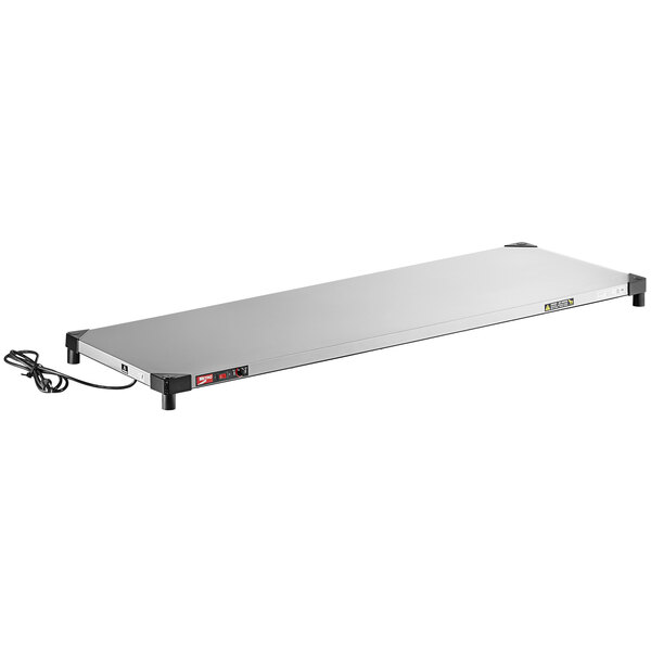 A white rectangular stainless steel Metro countertop shelf with black wires.