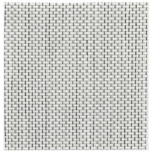 A close-up of a white woven vinyl coaster with a square pattern.