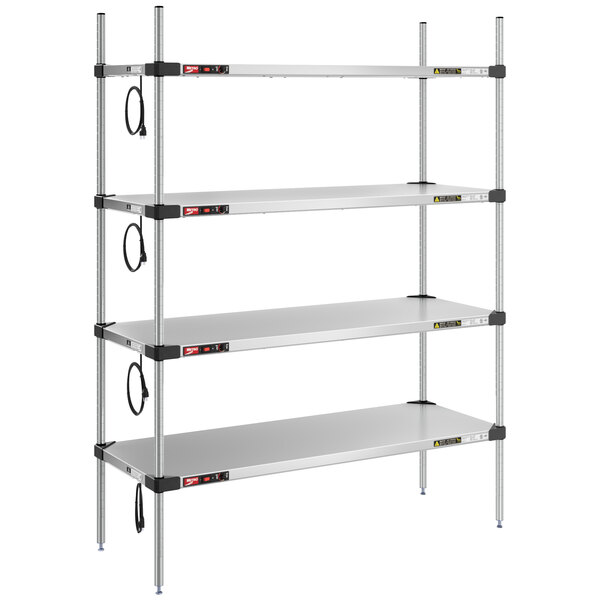 A Metro Super Erecta heated stainless steel shelving unit with four shelves and chrome posts.