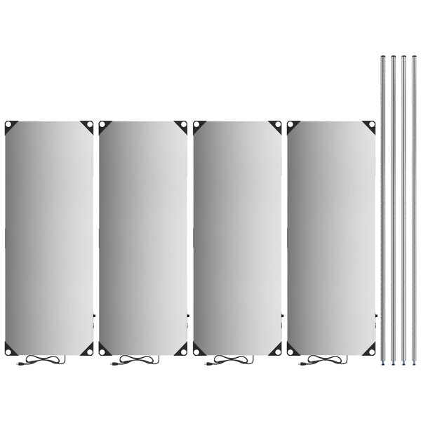 A row of rectangular stainless steel shelves with metal poles.