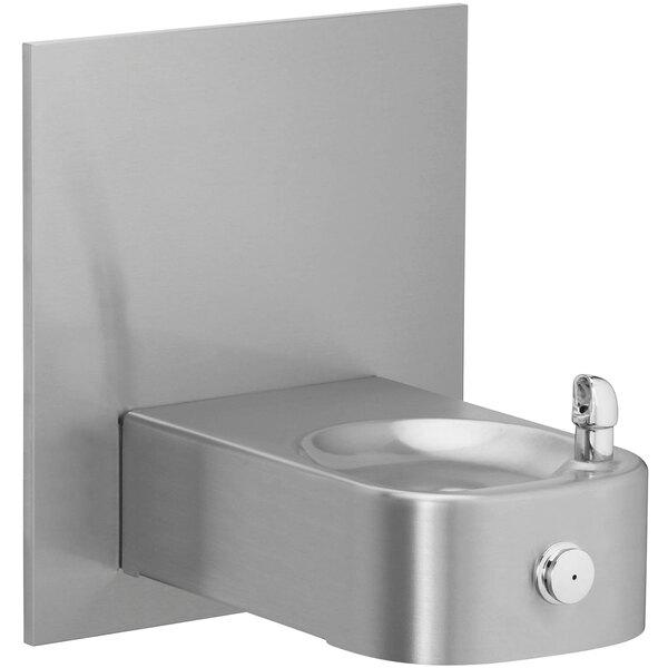 A stainless steel wall mounted Elkay drinking fountain with a silver square wall frame.