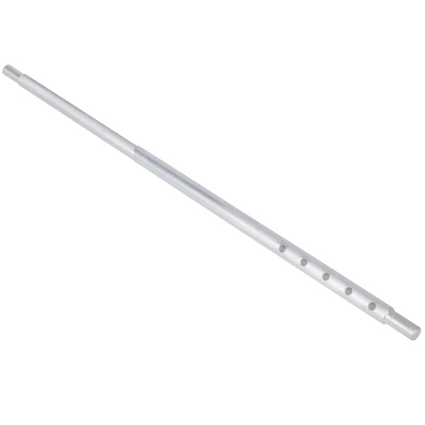 A silver metal rod with holes.