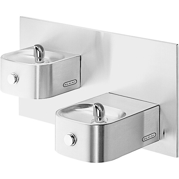 An Elkay stainless steel bi-level wall mount drinking fountain with two water dispensers.