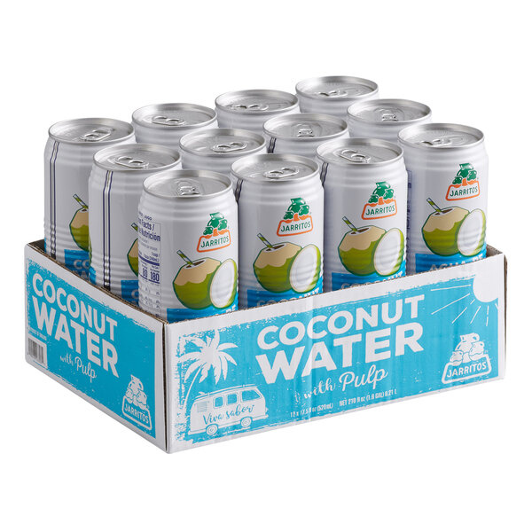 A case of 12 Jarritos cans of coconut water with a picture of a coconut on the label.