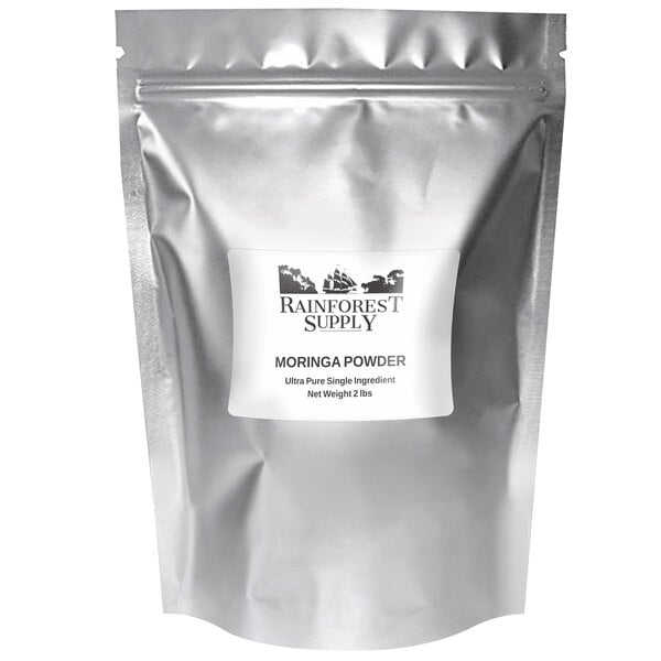 A silver bag of Moringa Powder with a white label with black text.