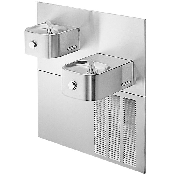 An Elkay stainless steel bi-level water fountain with two taps.