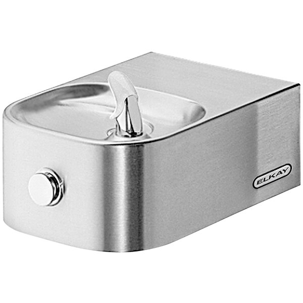 An Elkay stainless steel wall mount drinking fountain with a lever.