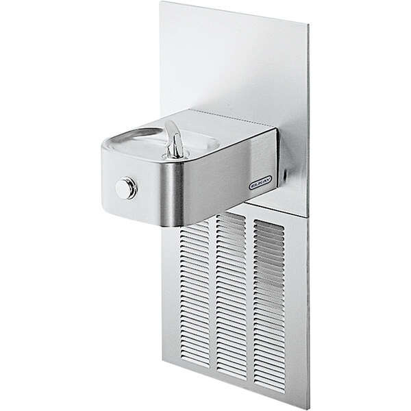 An Elkay stainless steel wall mount drinking fountain with a vent.