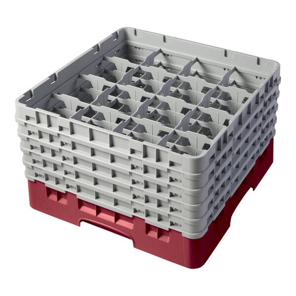 A square plastic glass rack with 16 compartments, five gray extenders, and a cranberry-colored base.