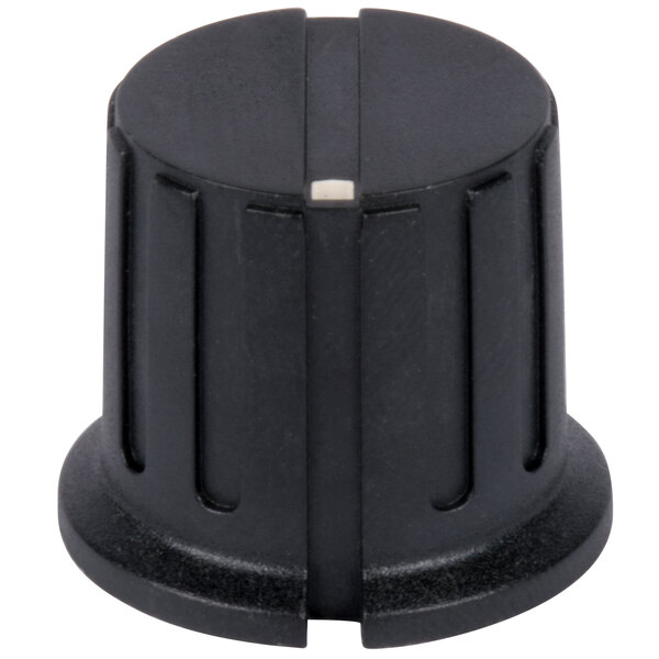 A black plastic knob with a white stripe.
