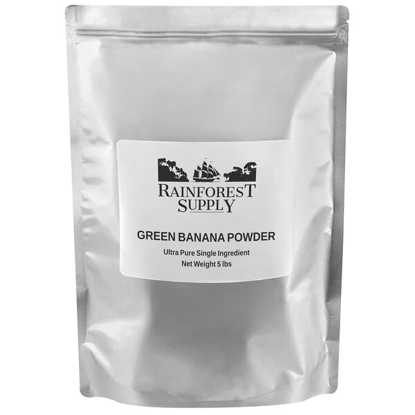A white bag of Rainforest Shop green banana powder with a white label with black text.