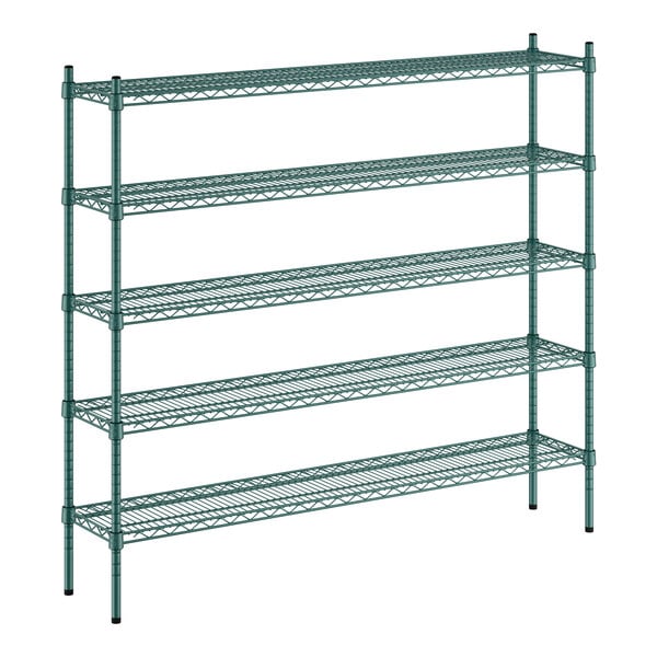 A Regency green wire shelving unit with five shelves.