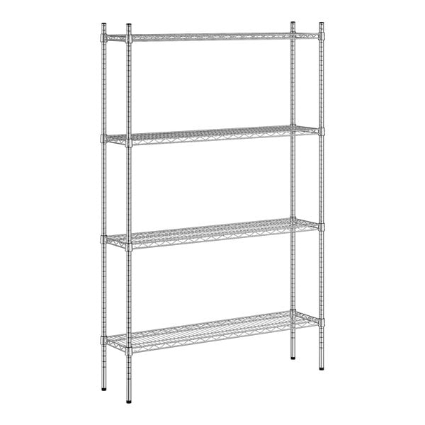 A wireframe Regency chrome metal shelving unit with four shelves.