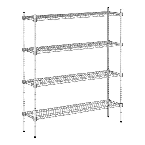 A wireframe of a Regency chrome metal shelving unit with four shelves.