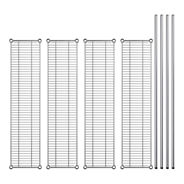 Regency chrome shelving with four metal shelves and rods.