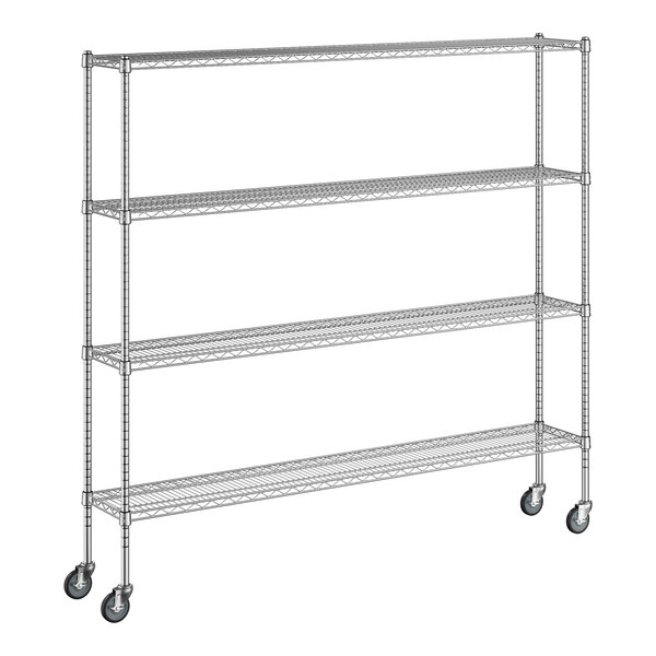 A white metal wireframe Regency 4-shelf kit with wheels.