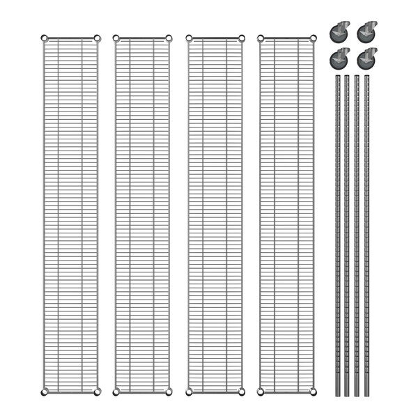 A group of metal shelves with rectangular grids and wheels.
