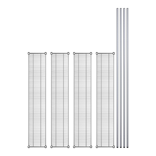 A set of four metal wire shelves with metal rods.