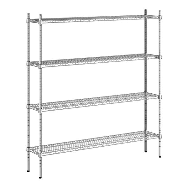 A wireframe of a Regency stainless steel shelving unit with four shelves.