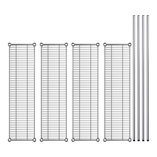 A Regency chrome shelving kit with four metal shelves, metal bars, and metal rods.
