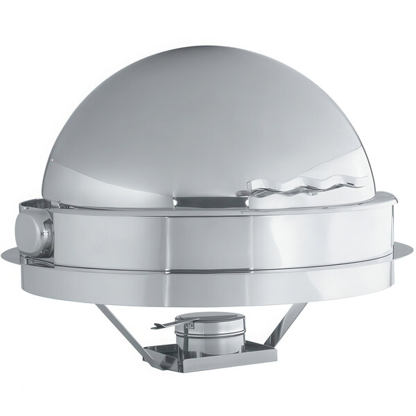 A silver round Vollrath Somerville chafer with a round lid.