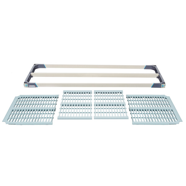 A white MetroMax grid shelf with blue plastic grid.