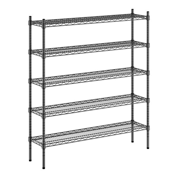 A black metal Regency wire shelving unit with four shelves.