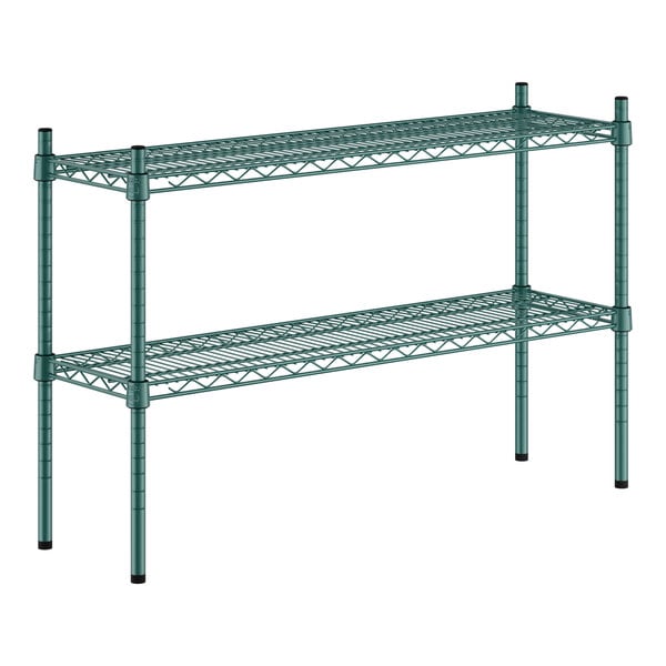 A green metal Regency shelf with two shelves.