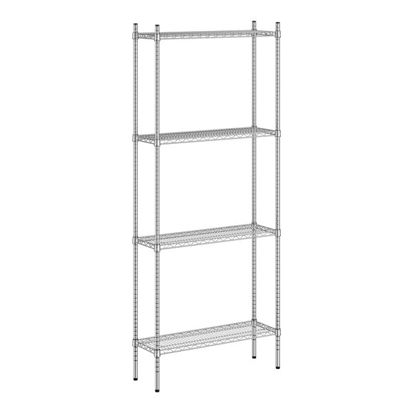 A wireframe of a Regency chrome metal shelving unit with four shelves.