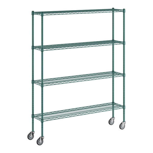 A green metal Regency wire shelving unit with wheels.