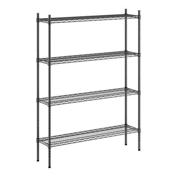 A black metal Regency wire shelving unit with four shelves.