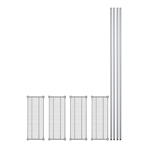 A diagram of several metal shelves with metal bars.
