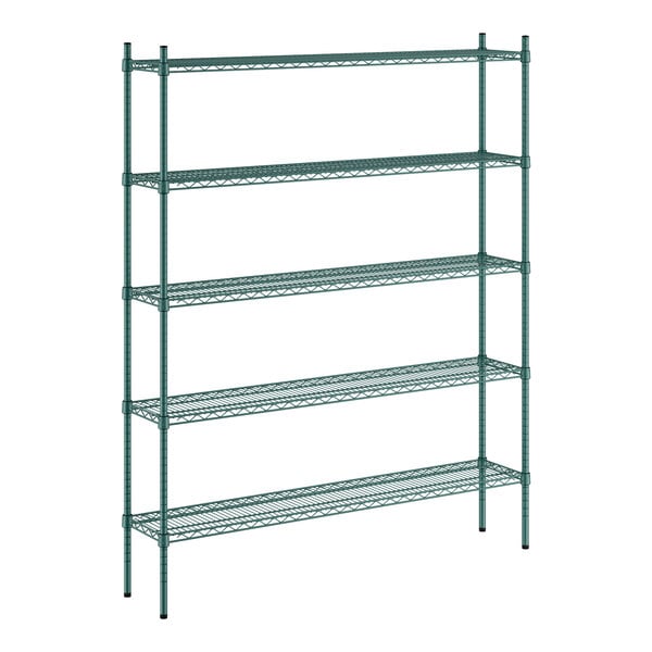 A green metal Regency shelving unit with five shelves.