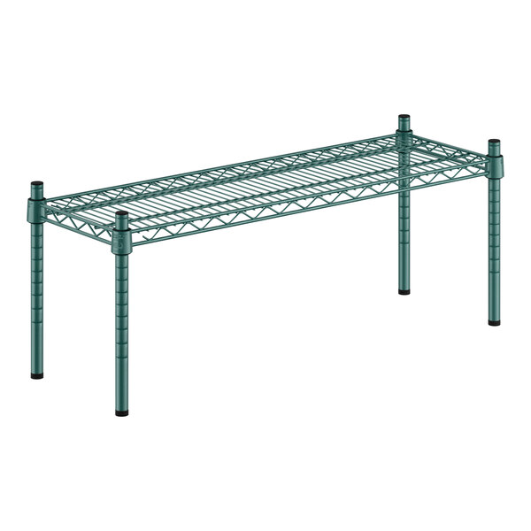 A green Regency metal shelf with black posts.