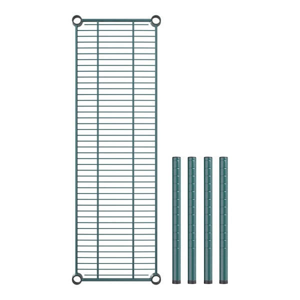 A rectangular green metal grid shelf with four green poles.