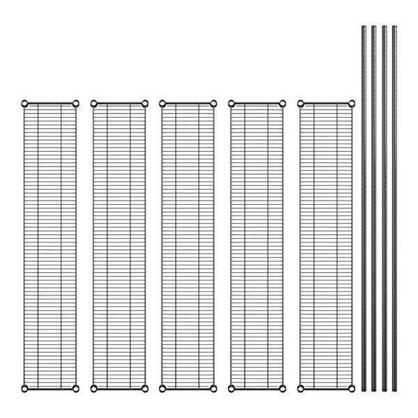 A set of four black metal shelves with metal rods.