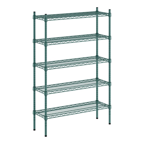 A green wire shelving unit with five shelves.