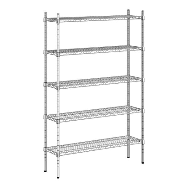 A wireframe of a Regency chrome metal shelving unit with four shelves.