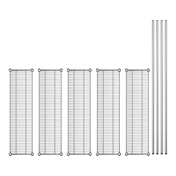 A row of Regency chrome wire shelves on metal rods.